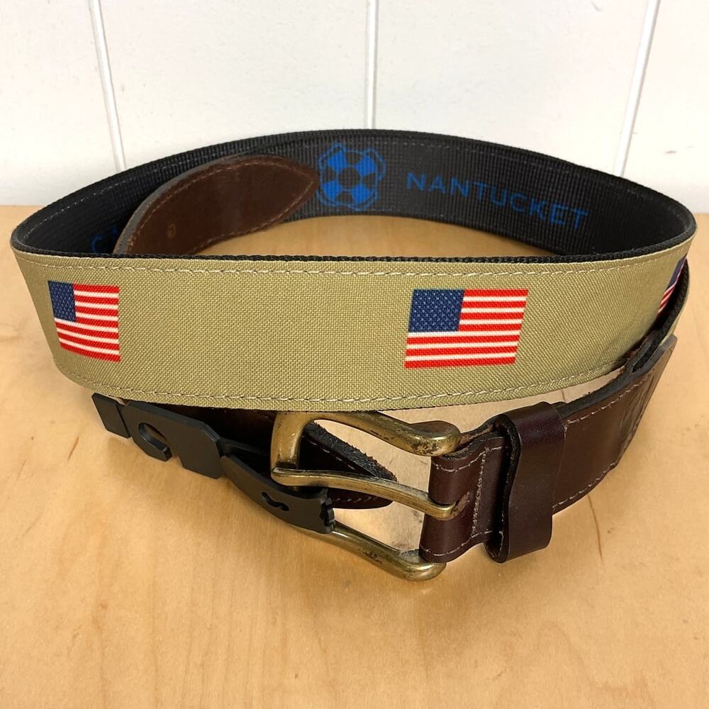 Castaway Nantucket Men's Patriotic Flag Tan and Leather Belt Size‎ 42